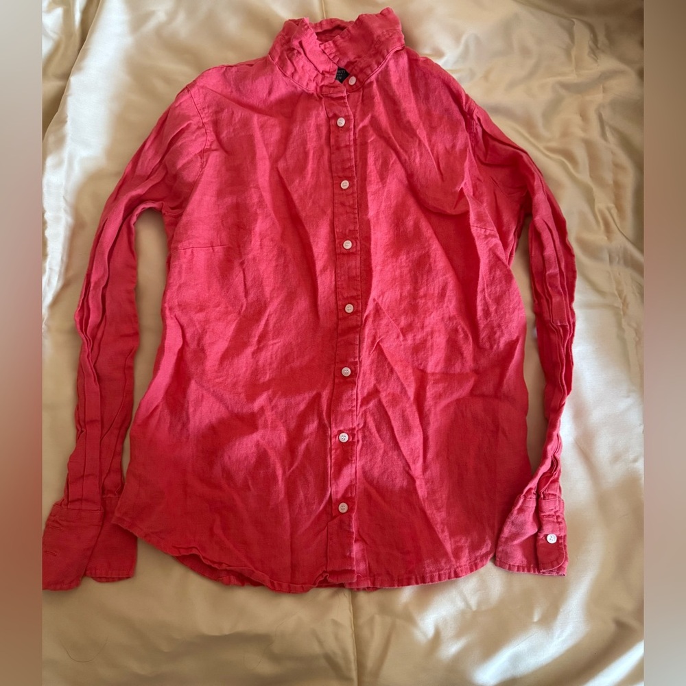 J. Crew Baird Mcnutt Irish Linen Coral Red Linen Shirt Size 8